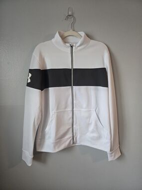 Under Armour Women's White Black Stripe Full Zip Track Jacket Semi-Fitted LG
